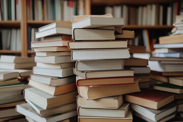 A Towering Pile of Books Rests on a Wooden Table in a Cozy Library Setting Filled With Shelves
