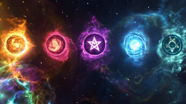 Background with the four elements, with each symbol glowing in a cosmic-themed backdrop