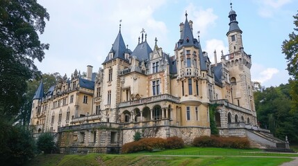 Obraz premium Majestic European Castle Surrounded by Lush Greenery and Blue Skies