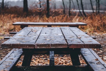 Fototapeta premium A wooden picnic table is covered in leaves and rain