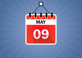 May 09, Calendar hanging sign. 09th days of the month, modern illustration. Date day of week Sunday, Monday, Tuesday, Wednesday, Thursday, Friday, Saturday. Flat style
