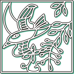 Naklejka premium カラーシャドウ正方形シンプル花札 卯月 藤 不如帰 4月 藤に不如帰