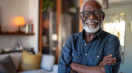 Obraz premium Smiling senior black man poses confidently at home, enjoying a moment of joy and warmth