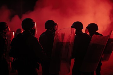 Riot Police Stand Together in the Red Glow of Smoke During a Tense Protest Late at Night in the City