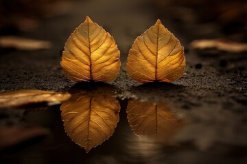 Two leaves are reflected in a puddle of water