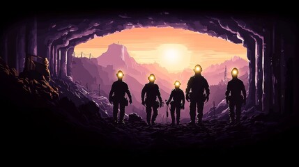 Fototapeta premium Silhouetted Miners With Headlamps Exiting Underground Tunnel at Sunset, Concept of Hope, Banner