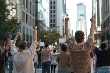 Fototapeta premium Participants Raise Fists in Solidarity During a Protest in a Busy Downtown Area in the Early Evening
