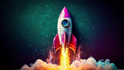 Naklejka premium Colorful Rocket Launching into Space with Flames