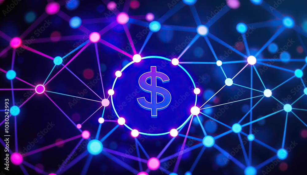 Aufkleber digital network dollar sign blockchain technology glowing lines cryptocurrency finance fintech inves