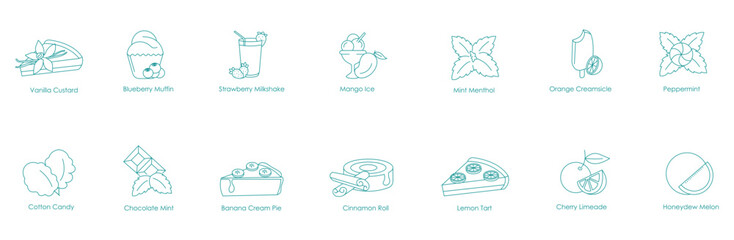 Vanilla Custard, Blueberry Muffin, Strawberry Milkshake, Mango Ice, Mint Menthol, Orange Creamsicle, Peppermint, Cotton Candy, Chocolate Mint, Banana Cream Pie, Cinnamon Roll, Lemon Tart vector icons