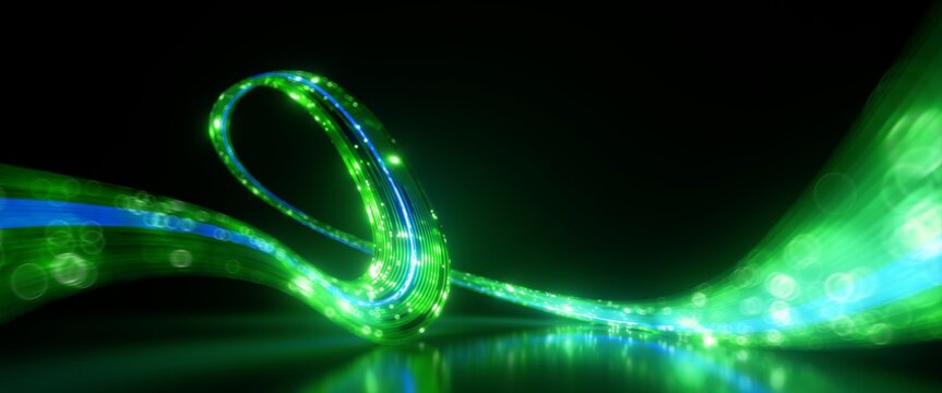3d render. Abstract blurry background of curvy ribbon with glowing neon lines.Unfocussed motion laser beam moving fast. Light path trajectory