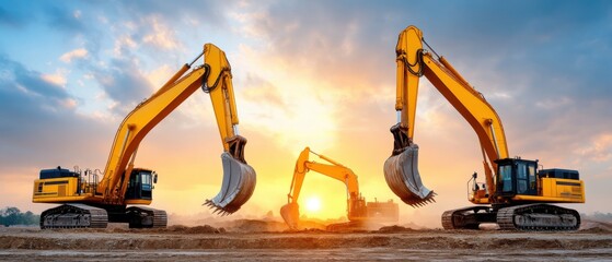 Two yellow excavators face each other against a stunning sunset, highlighting construction machinery in action.