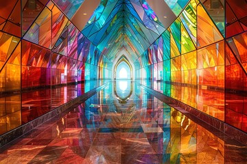 A colorful, symmetrical hallway made of glass panels and reflecting a bright, white light.