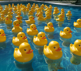 Numerous yellow rubber duckies floating in an outdoor pool