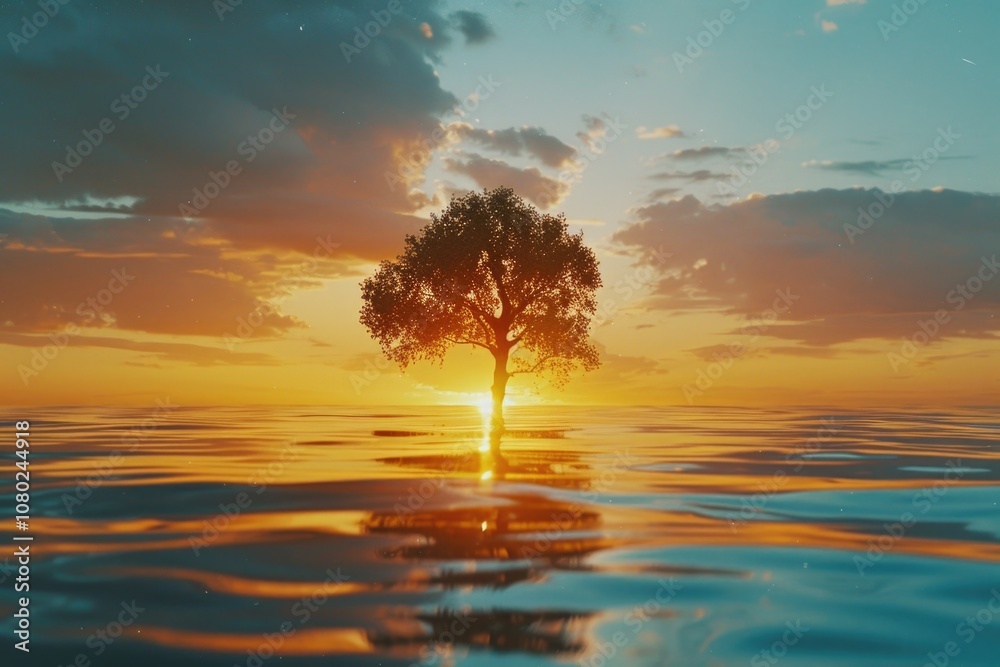 Poster a tree standing in the middle of a body of water, surrounded by calm waters