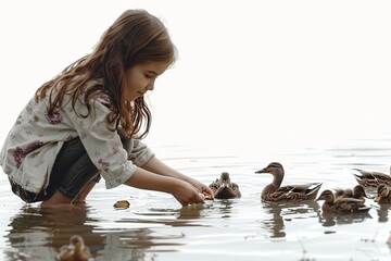 Child Feeding Ducks in Pond Scene