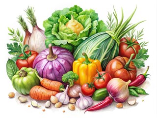 Watercolor Illustration of Fresh Vegetables Collection on White Background - Art, Organic, Healthy, Natural Produce, Colorful, Culinary, Farm Fresh, Artisti