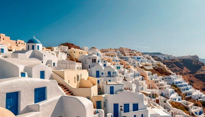 Minimalist white buildings with smooth curves and arches under bright sunlight on Santorini island, Greece, capturing iconic Cycladic architectural beauty