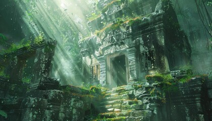 Ancient Stone Temple Overgrown with Lush Jungle Vegetation