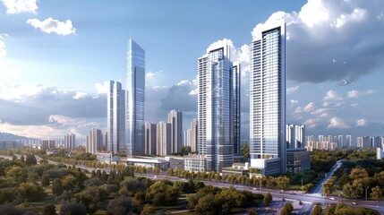 Fototapeta premium Stunning Urban Skyline with Modern Skyscrapers and Lush Greenery