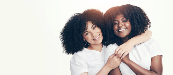 Portrait, hug and women with smile, friends and support on white studio background. People, models and girls with embrace, happiness and excited with empowerment, cheerful and emotions with joy