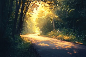 Obraz premium A Tranquil Winding Road Through a Sunlit Forest in Early Morning Light Surrounded by Lush Greenery