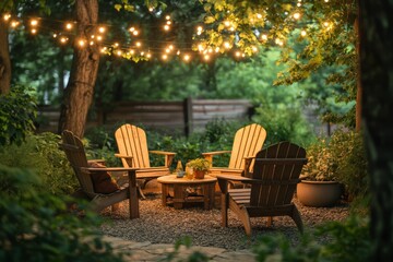 Obraz premium This serene outdoor space features cozy wooden chairs and a charming table with string lights, creating an inviting ambiance for relaxing and gathering amid lush greenery, fostering calm and comfort