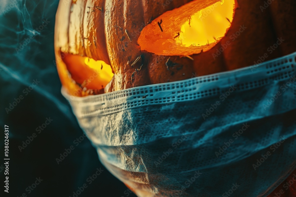 Poster close-up shot of a person with a face mask on, suitable for use in medical or health-related context