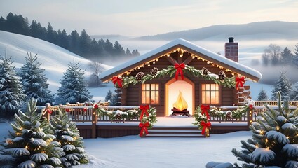 Obraz premium Snowy winter holiday scene with cozy cabins, warm fireplaces, festive lights, and beautiful landscapes, ideal for a peaceful, relaxing seasonal retreat. Generative ai 