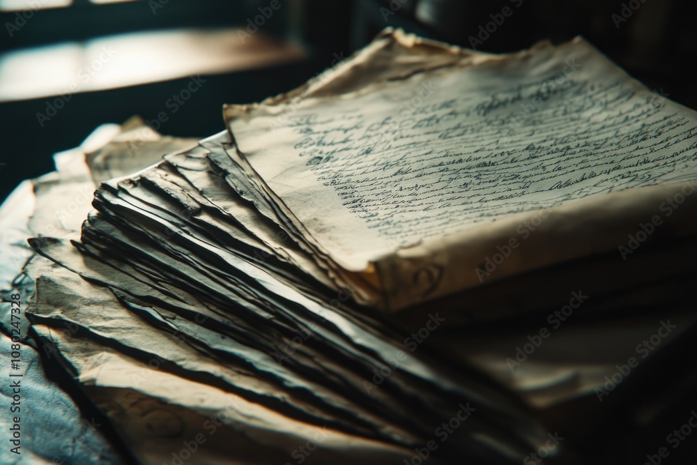 Poster a pile of yellowed documents and notes sitting on a table, suitable for use in historical or vintage