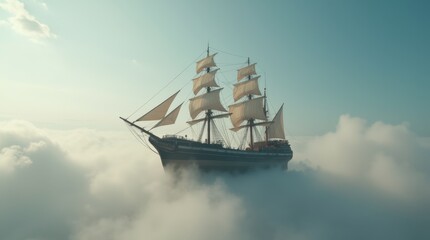 Fototapeta premium Wooden Ship Sailing Through the Clouds