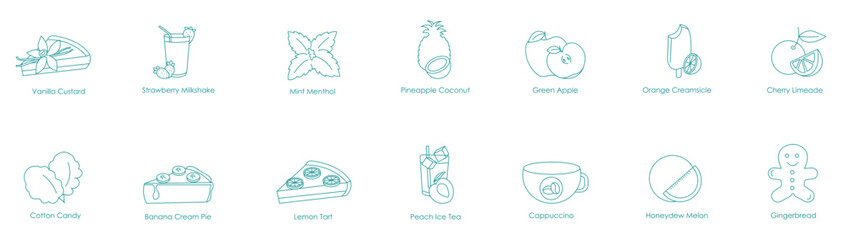 Vanilla Custard, Strawberry Milkshake, Mint Menthol, Pineapple Coconut, Green Apple, Orange Creamsicle, Cherry Lemonade, Cotton Candy, Banana Cream Pie, Lemon Tart, Peach Ice Tea, Cappuccino icons