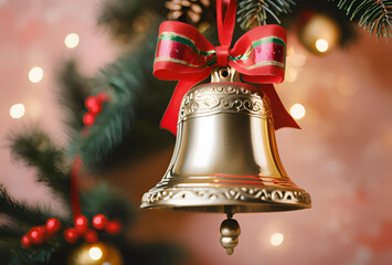 Festive Glow: The Golden Bell and Red Bow Radiate Joy Amidst Floating Light Preludes.