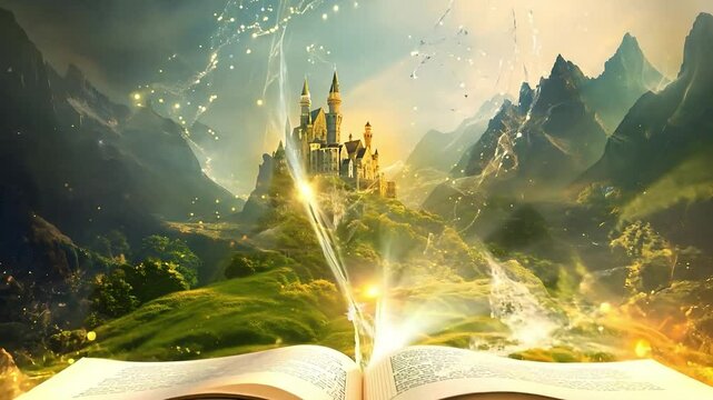 An open book with a fairy tale castle, mountains and a river emerging from its pages, Fantasy and storytelling, Magical world	
