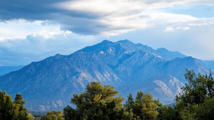 Fototapeta premium A scenic view of a mountain range with dense forest in the foreground, perfect for outdoor or nature-themed projects