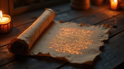 Ancient Scroll with Glowing Digital Code