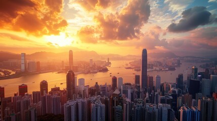 Fototapeta premium Stunning Urban Sunset Over Hong Kong's Skyline and Harbor