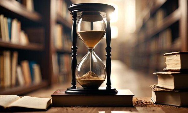 Hourglass resting on a book with bookshelves in the background.