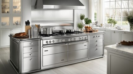 Fototapeta premium Professional Grade Steel Kitchen With Large Gas Range And Six Burners, Double Oven, Spacious Design.