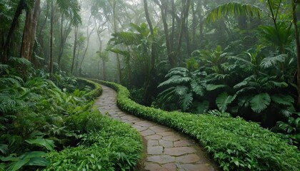 Misty stone path through lush tropical jungle with rich greenery 402