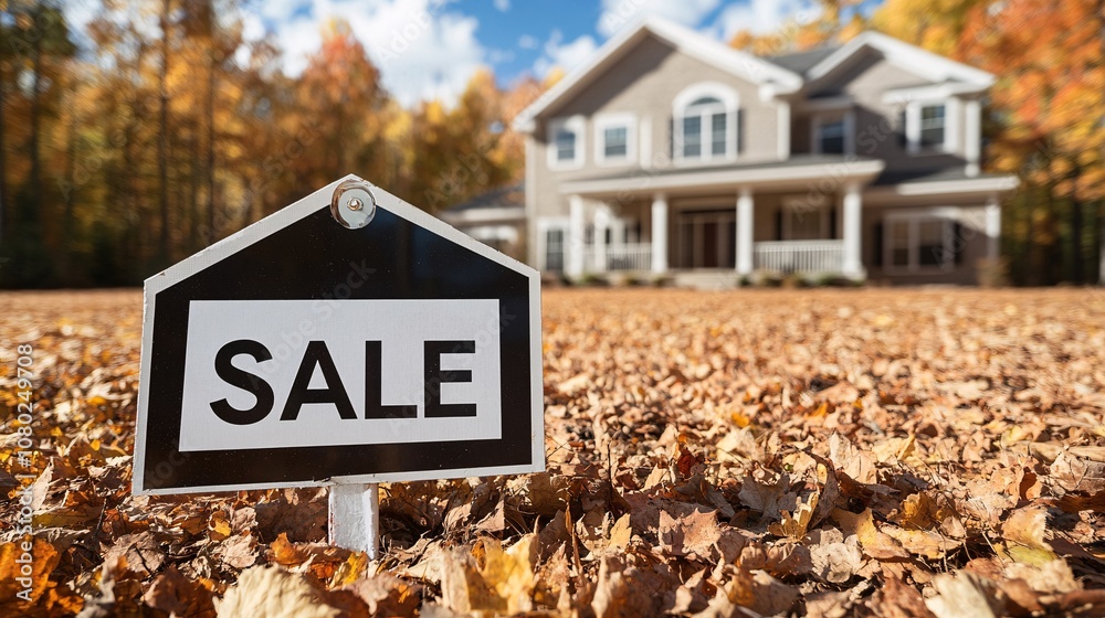 Poster for sale sign in front of a vacant house symbolizing repossession or foreclosure of property bankrup