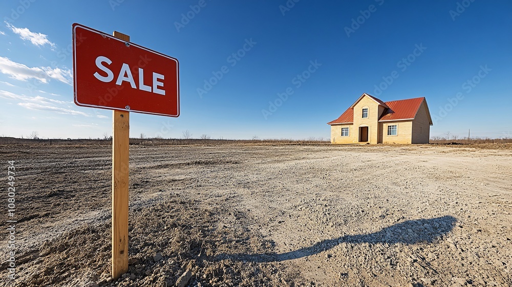 Poster for sale sign in front of a vacant house symbolizing repossession or foreclosure of property bankrup