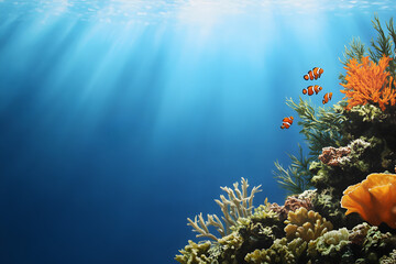 Obraz premium A vibrant underwater scene with colorful coral and fish swimming gracefully, highlighting marine biodiversity. A coral reef bustling with life.