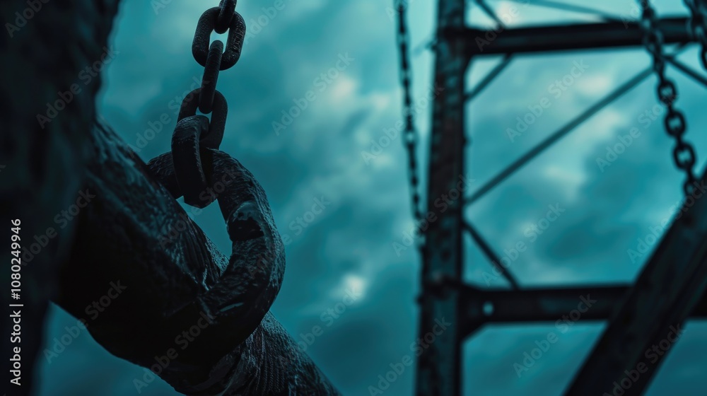 Poster close-up of a chain suspended from a metal framework
