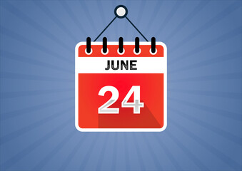 June 24, Calendar hanging sign. 24th days of the month, modern illustration. Date day of week Sunday, Monday, Tuesday, Wednesday, Thursday, Friday, Saturday. Flat style