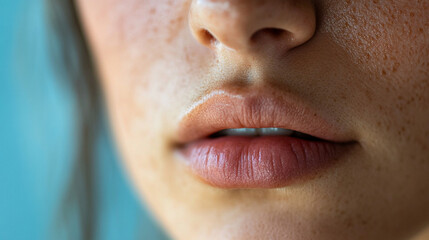 Fototapeta premium Close-up of a personâs gaze downward, mouth relaxed, dwelling on an inner thought.