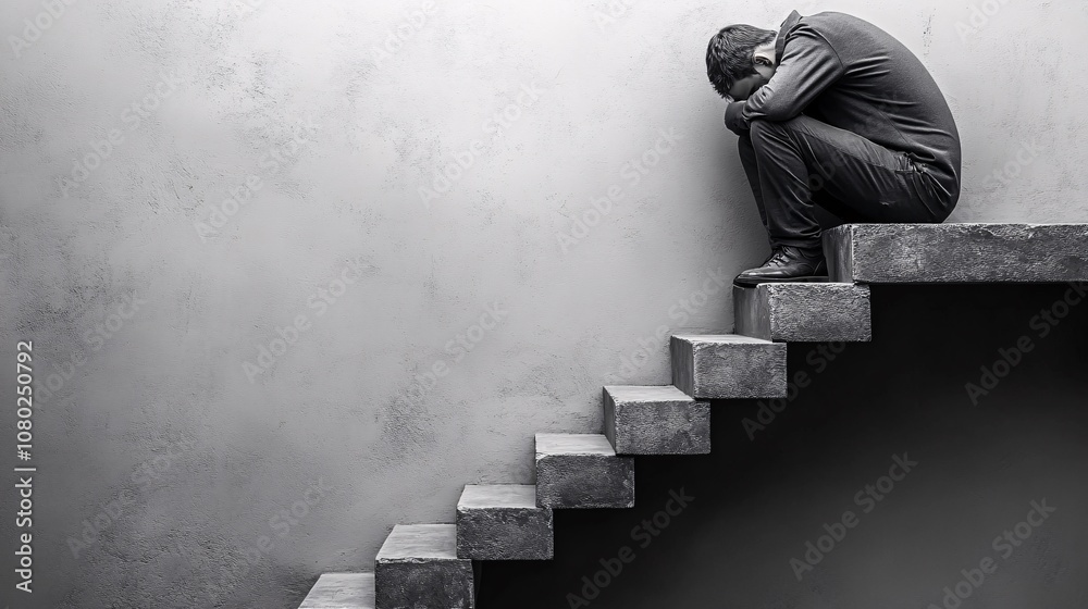 Poster individual sitting in despair on a staircase with head down symbolizing the emotional toll of financ