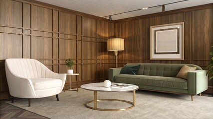 Mid-century Modern Living Room with wood panels, green velvet sofa, cozy, natural light, retro V5