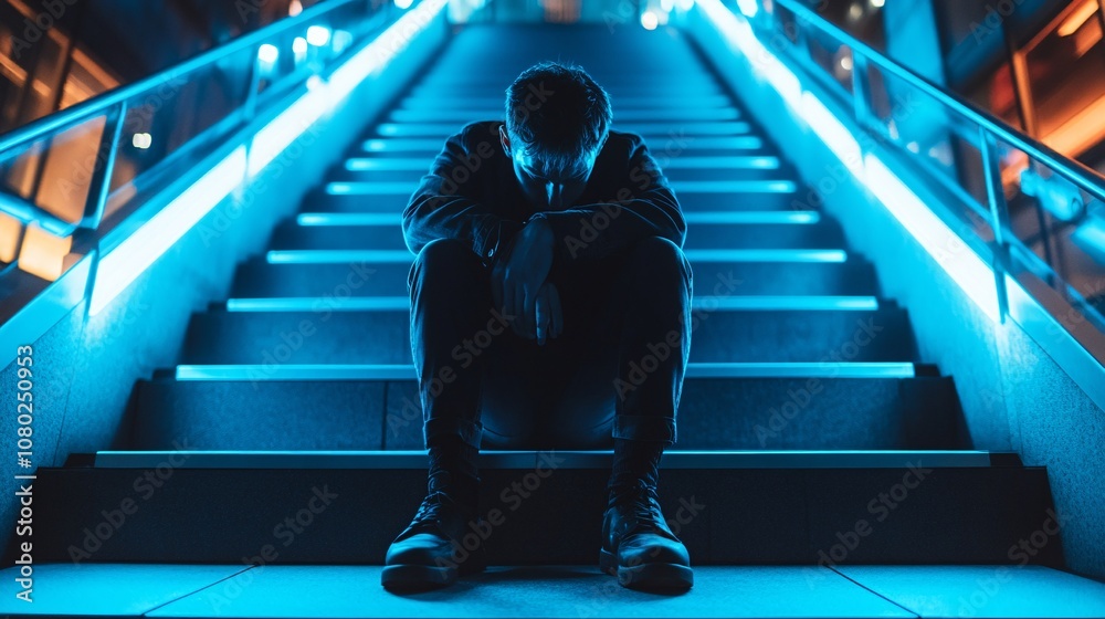 Poster individual sitting in despair on a staircase with head down symbolizing the emotional toll of financ