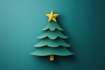 Fototapeta premium A handmade paper cutout Christmas tree with a star on top, ideal for digital projects and designs